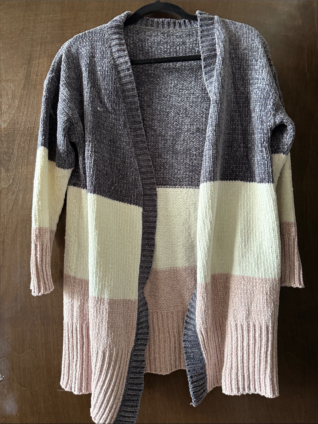 Chenile Chunky Colorblock Open-Front Women's Cardigan - Gray, Cream & Blush